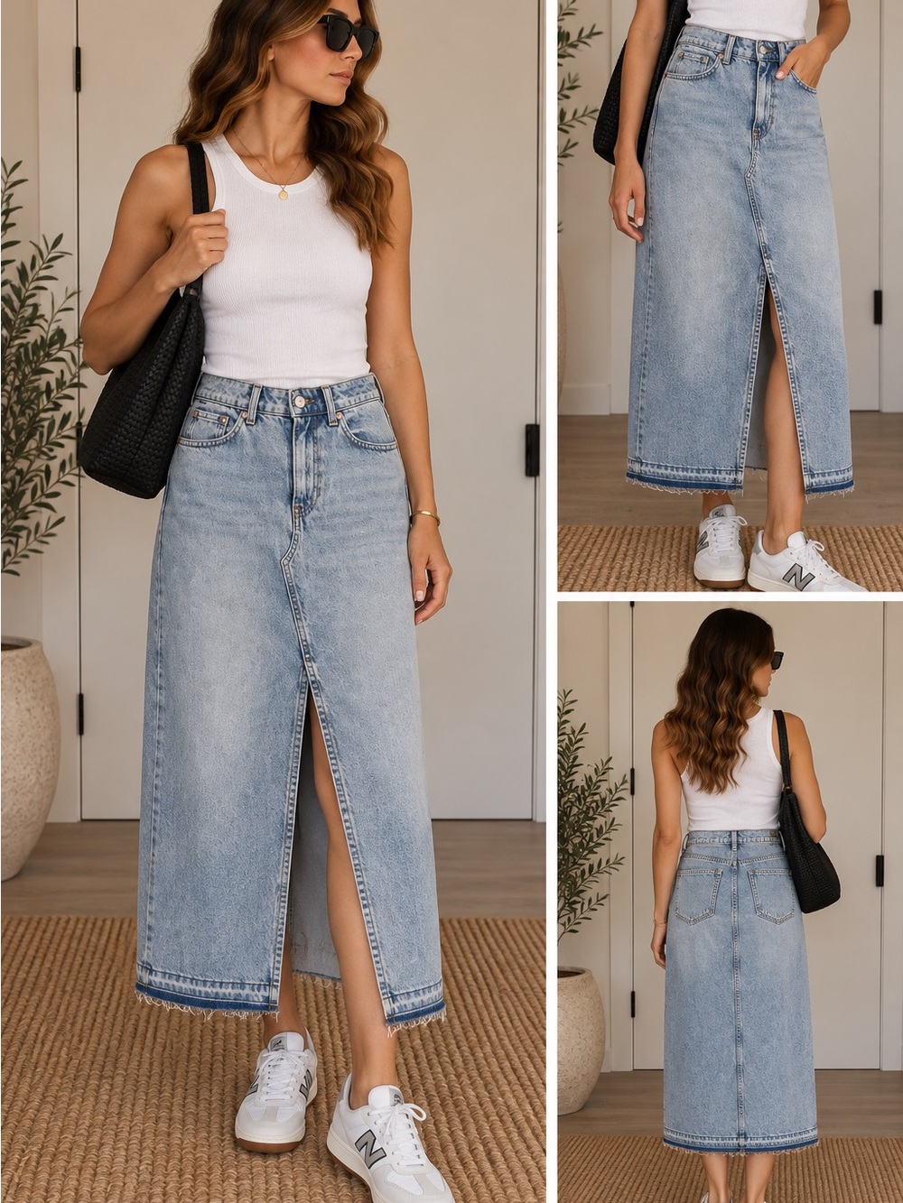 H&M Light Blue Straight-Leg Denim Midi Skirt with Front Slit